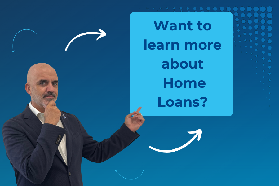 Banner featuring a man in a suit pointing towards a blue text box that reads “Want to learn more about Home Loans?” Decorative arrows surround the text, set against a blue gradient background.