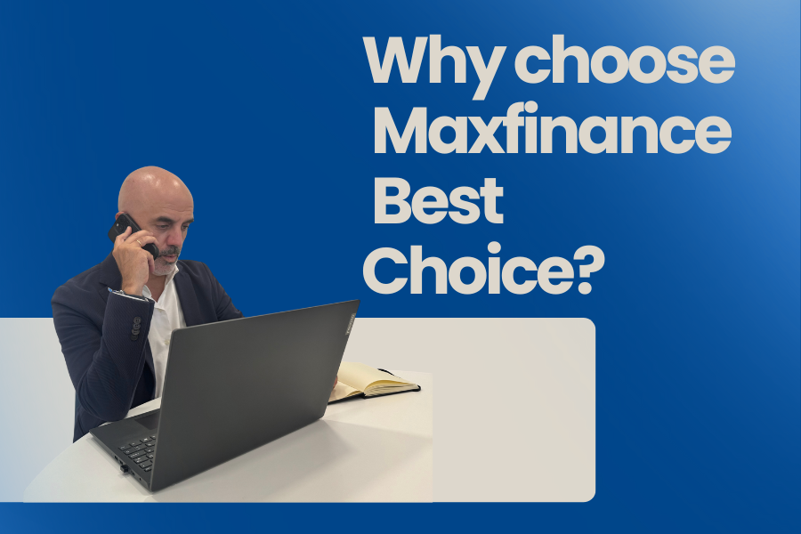 Corporate banner from MaxFinance Best Choice with the text “Why MaxFinance Best Choice?”. On the left, a man in a dark suit is speaking on the phone while working on a laptop, representing professionalism and personalised service.